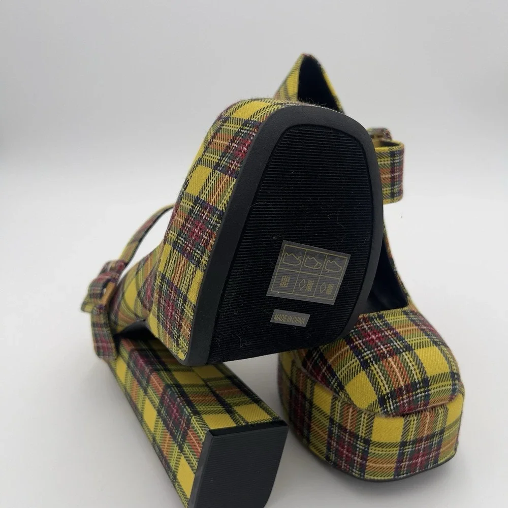 Bamboo Yellow Plaid Platform Mary Jane Heels Chunky Block Shoes Women's 5.5